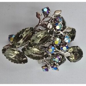 Vintage Rhinestone Brooch Floral Spray Olive Green AB Silver Tone Unsigned Beau?